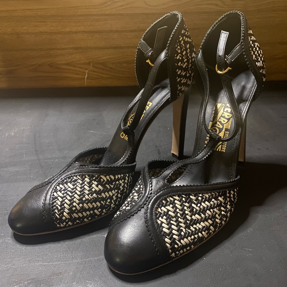 Salvatore Ferragamo Black and White Art Deco Heels